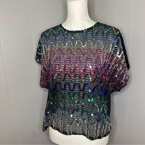 Vintage Pearlette Plus Rainbow Sequin Blouse Top | Size 38 (Approx. M)